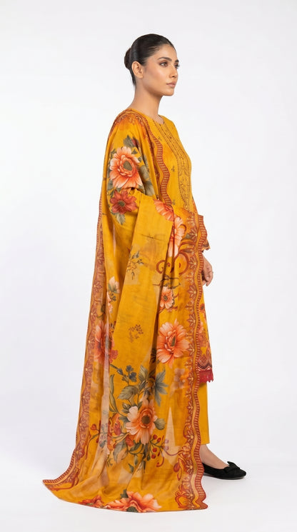 Mustard Floral Pima Lawn Suit unstich