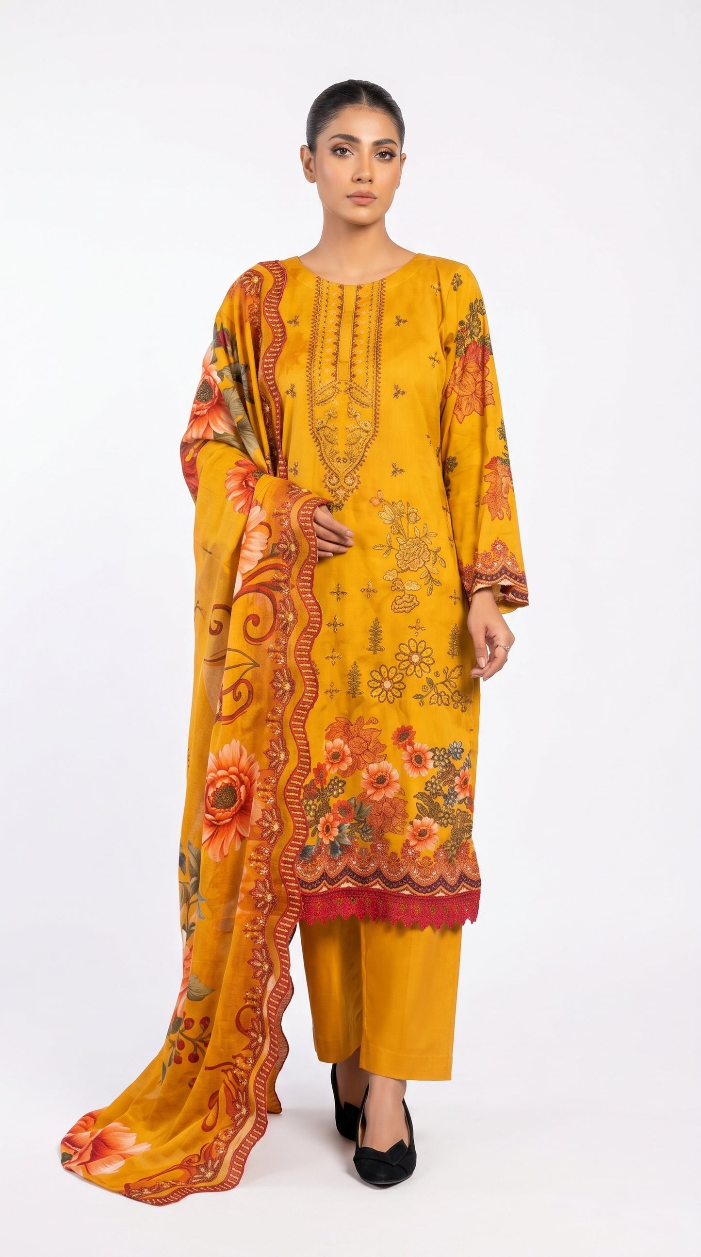 Mustard Floral Pima Lawn Suit unstich