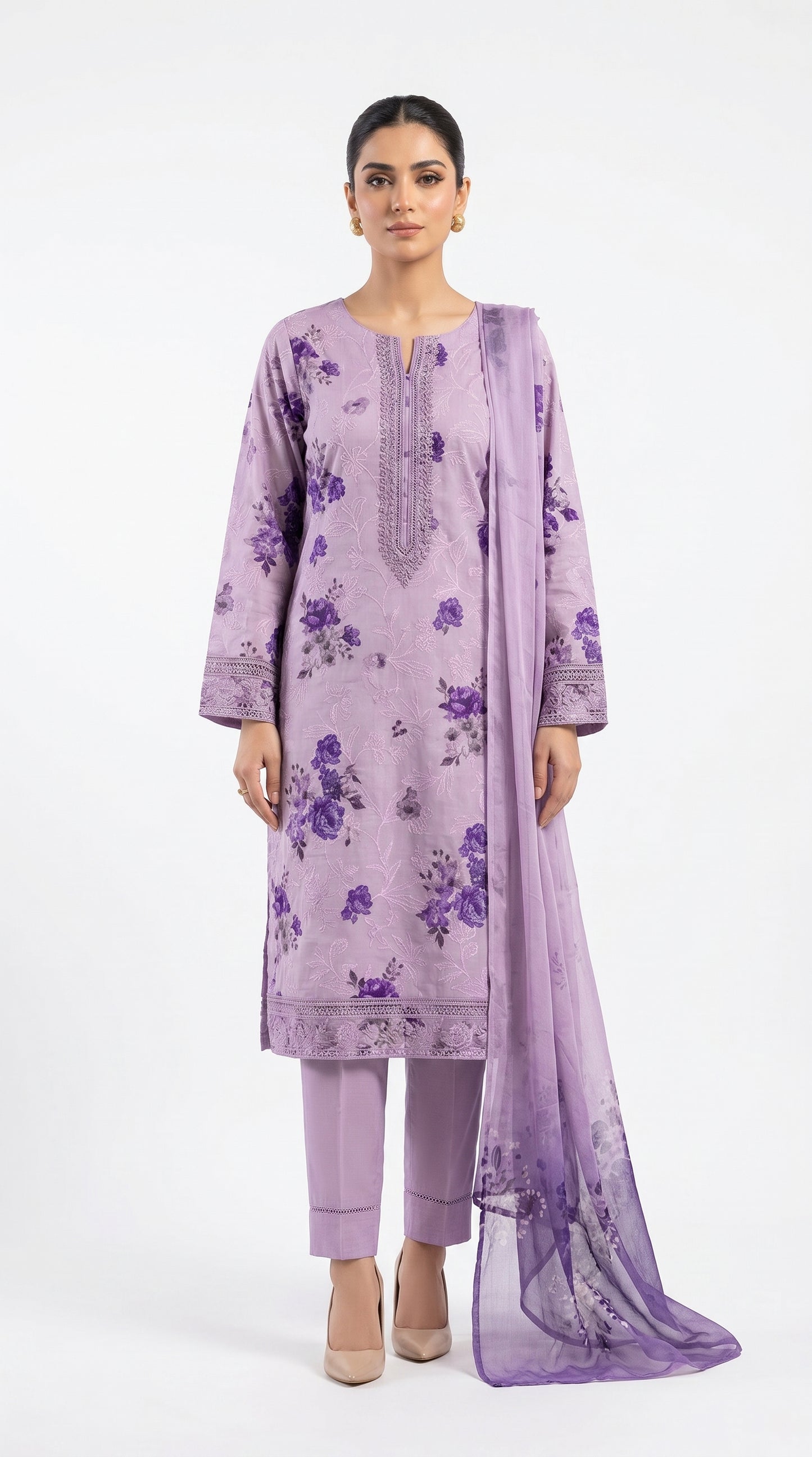 Lavender Floral Embroidered Lawn Suit unstich