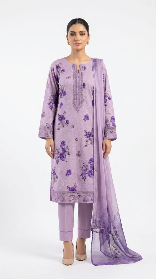 Lavender Floral Embroidered Lawn Suit unstich
