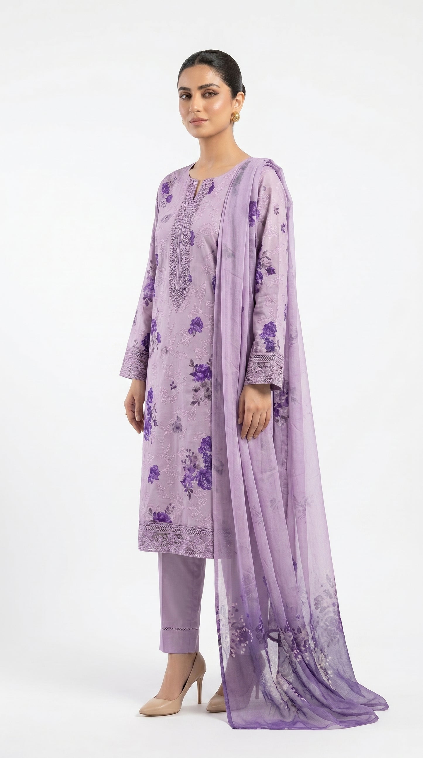 Lavender Floral Embroidered Lawn Suit unstich