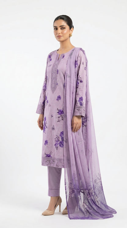 Lavender Floral Embroidered Lawn Suit unstich