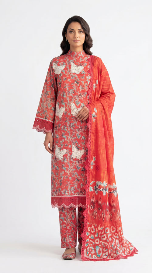 Red Butterfly Floral Lawn Suit unstich