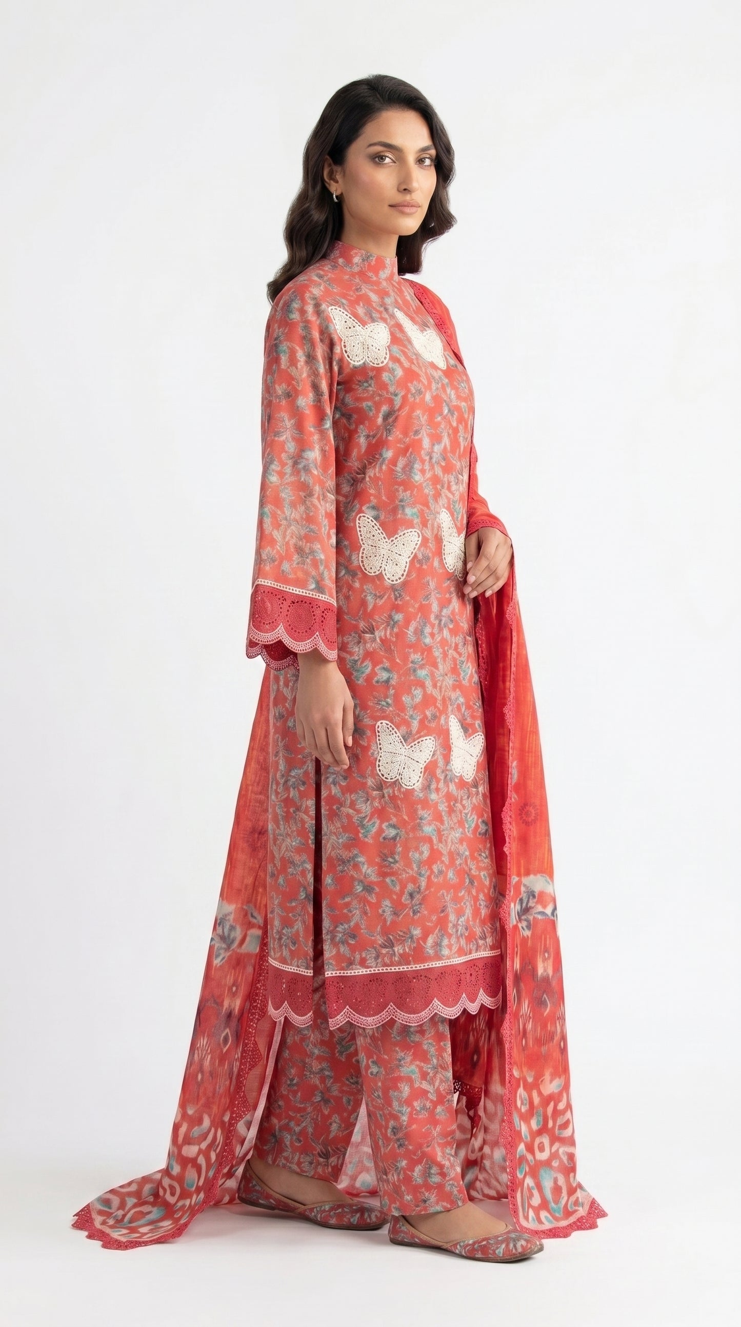Red Butterfly Floral Lawn Suit unstich