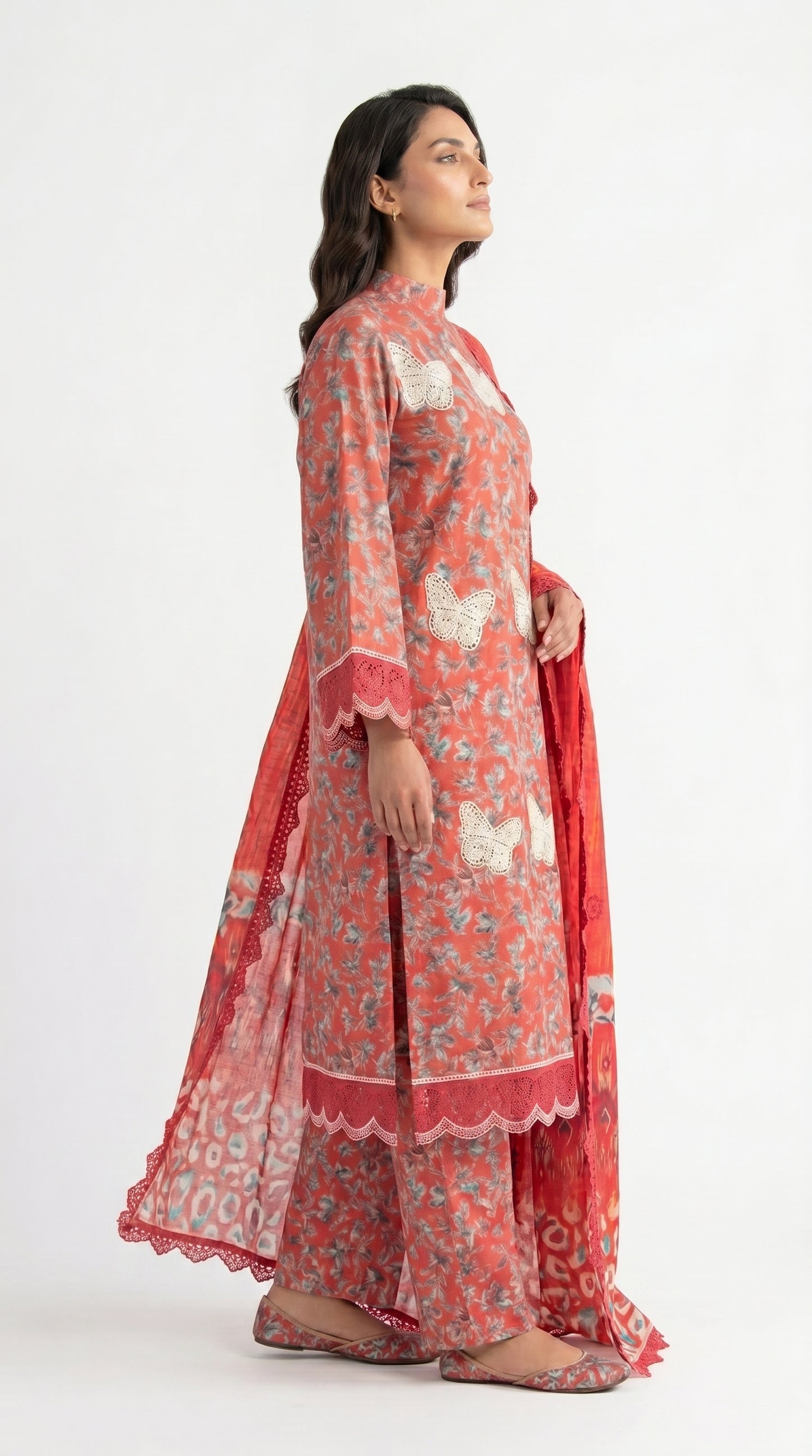 Red Butterfly Floral Lawn Suit unstich