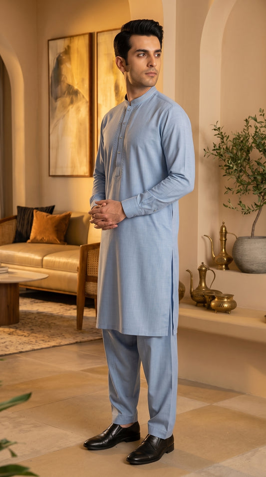Sky Blue Embroidered Unstitched Suit