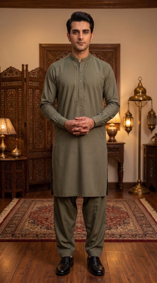 Olive Green Unstitched Suit – Premium Wash & Wear Fabric