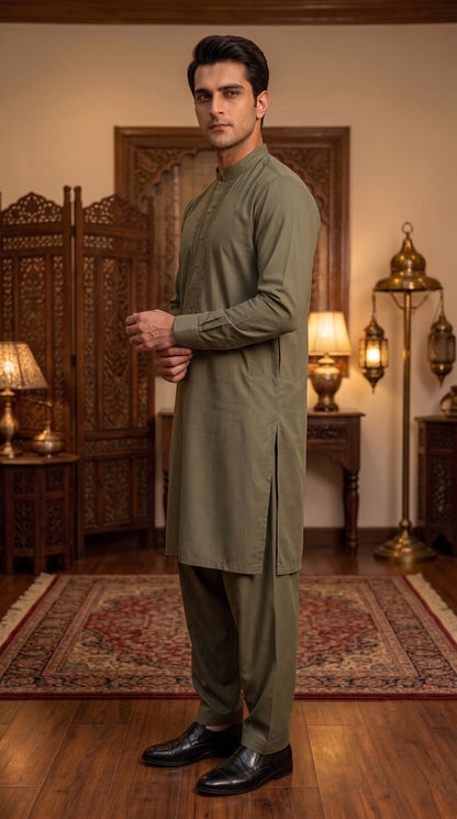 Olive Green Unstitched Suit – Premium Wash & Wear Fabric