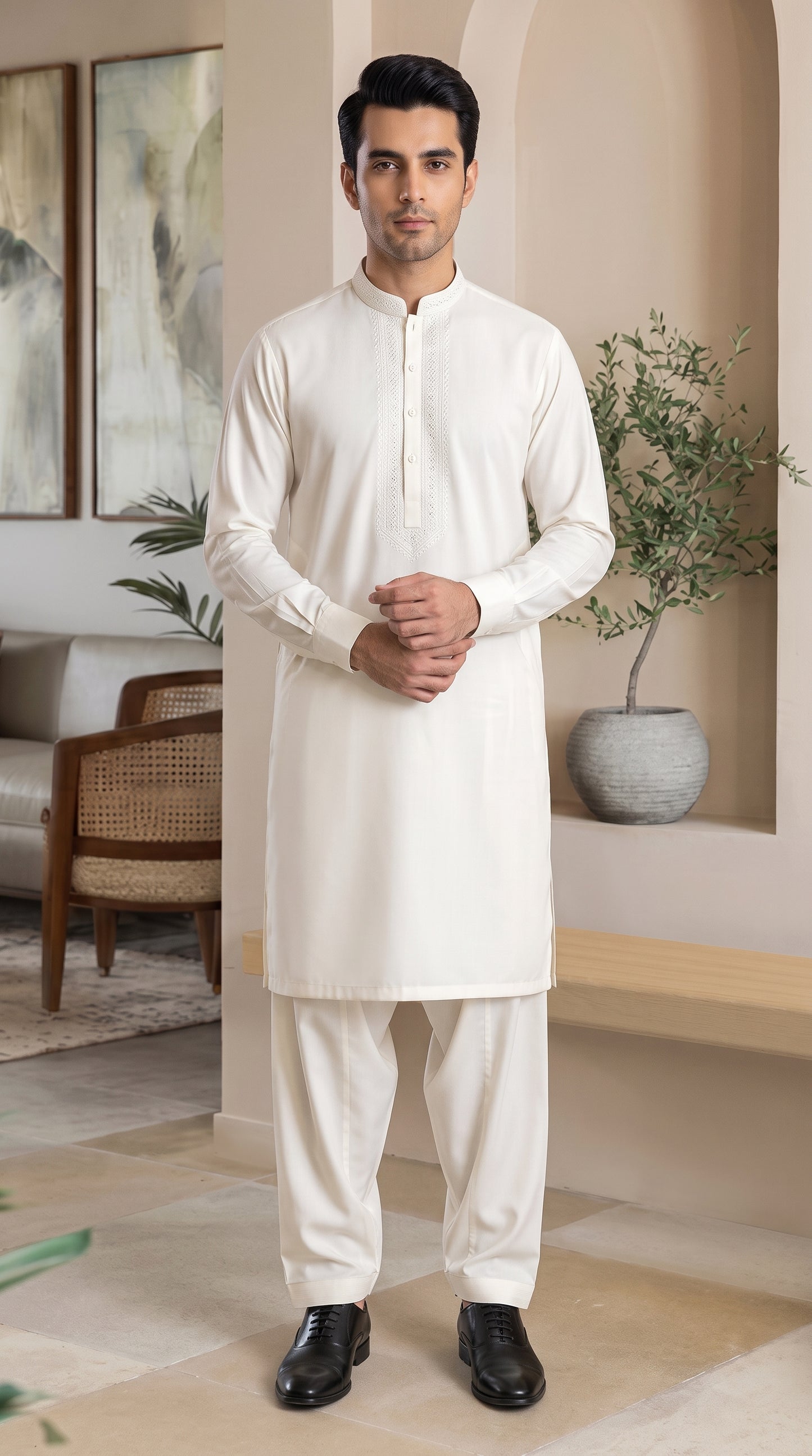 Off-White Embroidered Unstitched Suit – Premium Wash & Wear Fabric