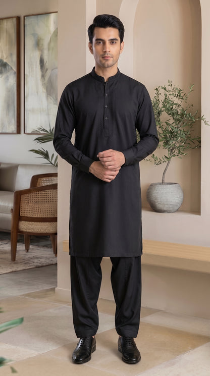 Jet Black Unstitched Suit – Premium cotton Fabric
