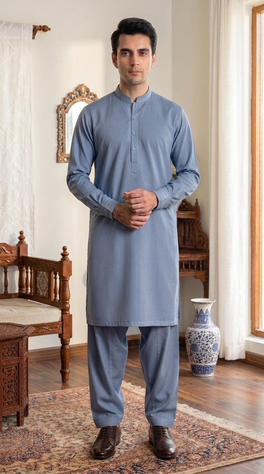 Steel Blue Unstitched Suit – Premium  Fabric