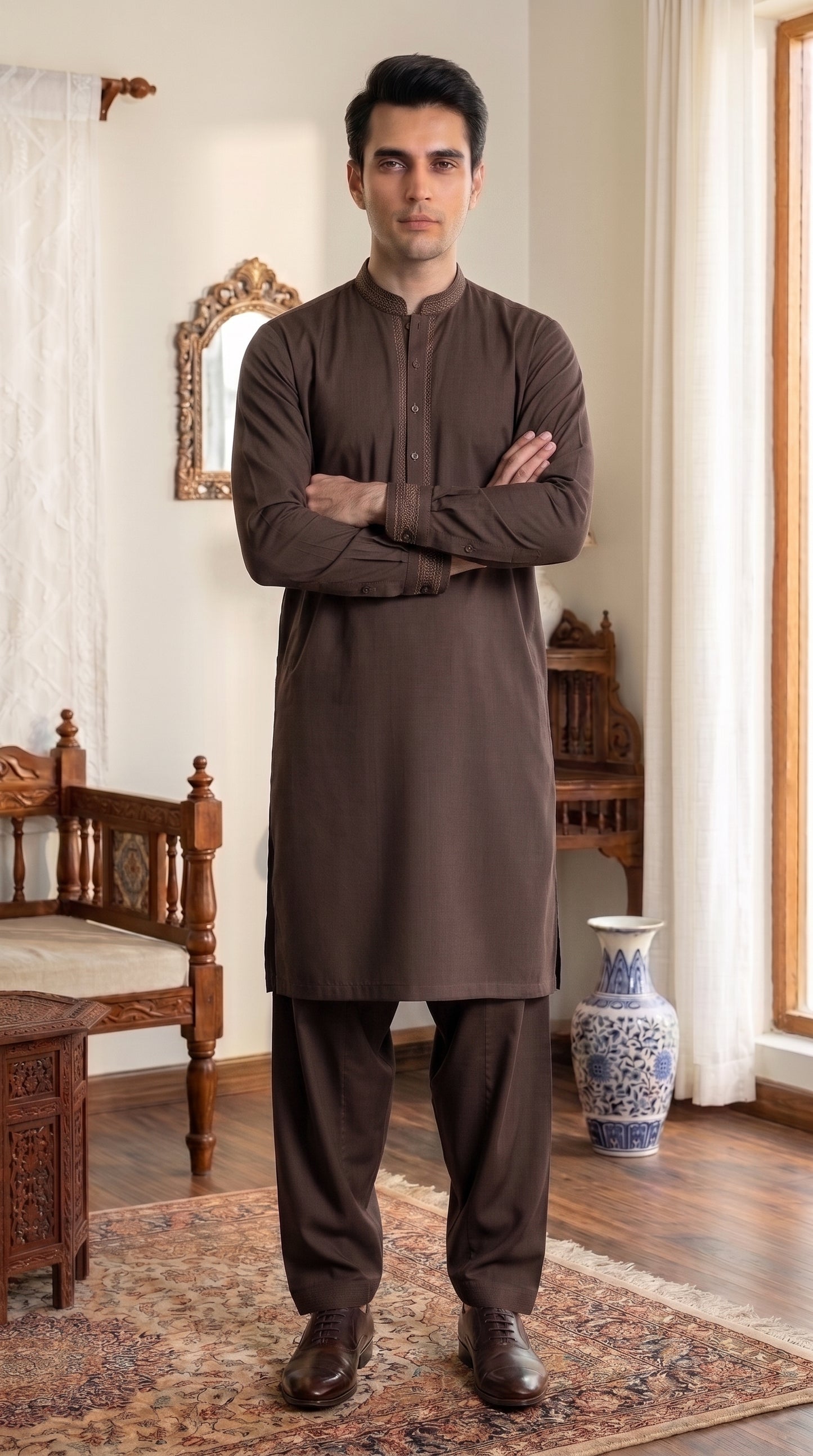 Dark Chocolate Brown Unstitched Suit – Premium Fabric