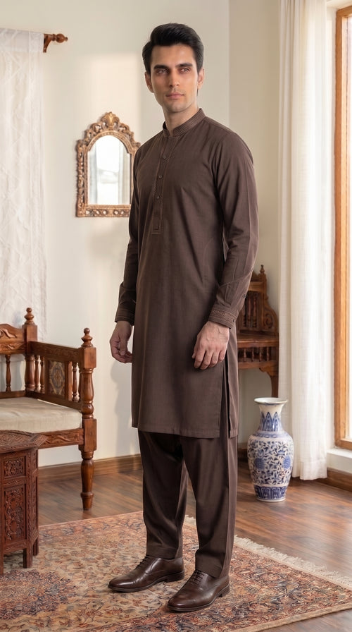Dark Chocolate Brown Unstitched Suit – Premium Fabric