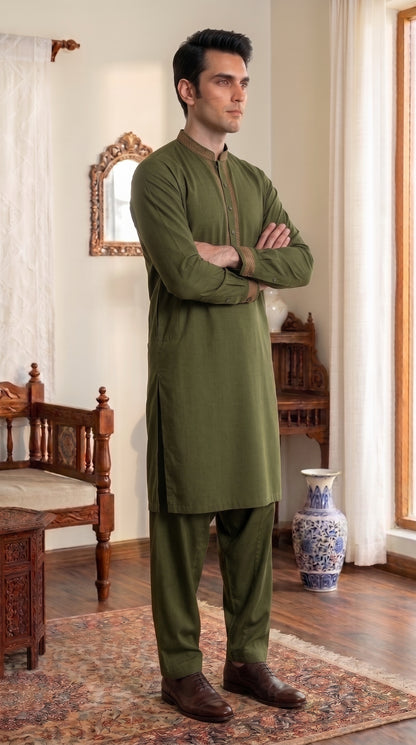Bottle Green Unstitched Suit – Premium  Fabric