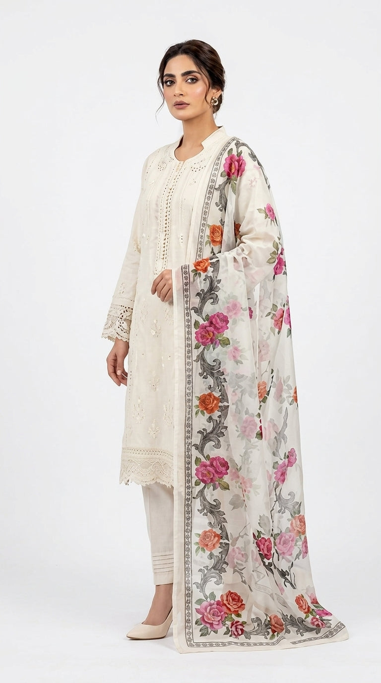 White Chikankari Embroidered Kurti with Floral Printed Dupatta  stich