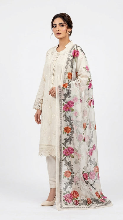 White Chikankari Embroidered Kurti with Floral Printed Dupatta  stich