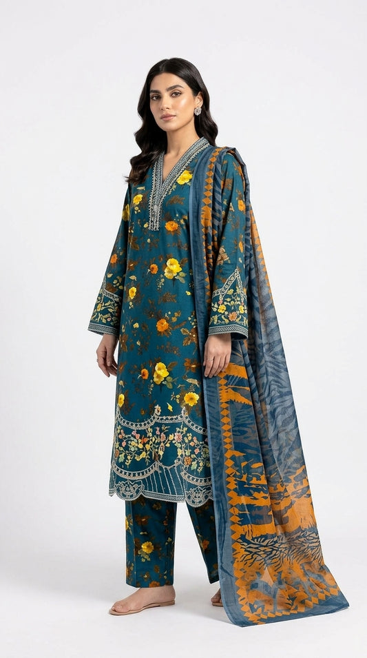Peacock Blue Embroidered Printed Suit