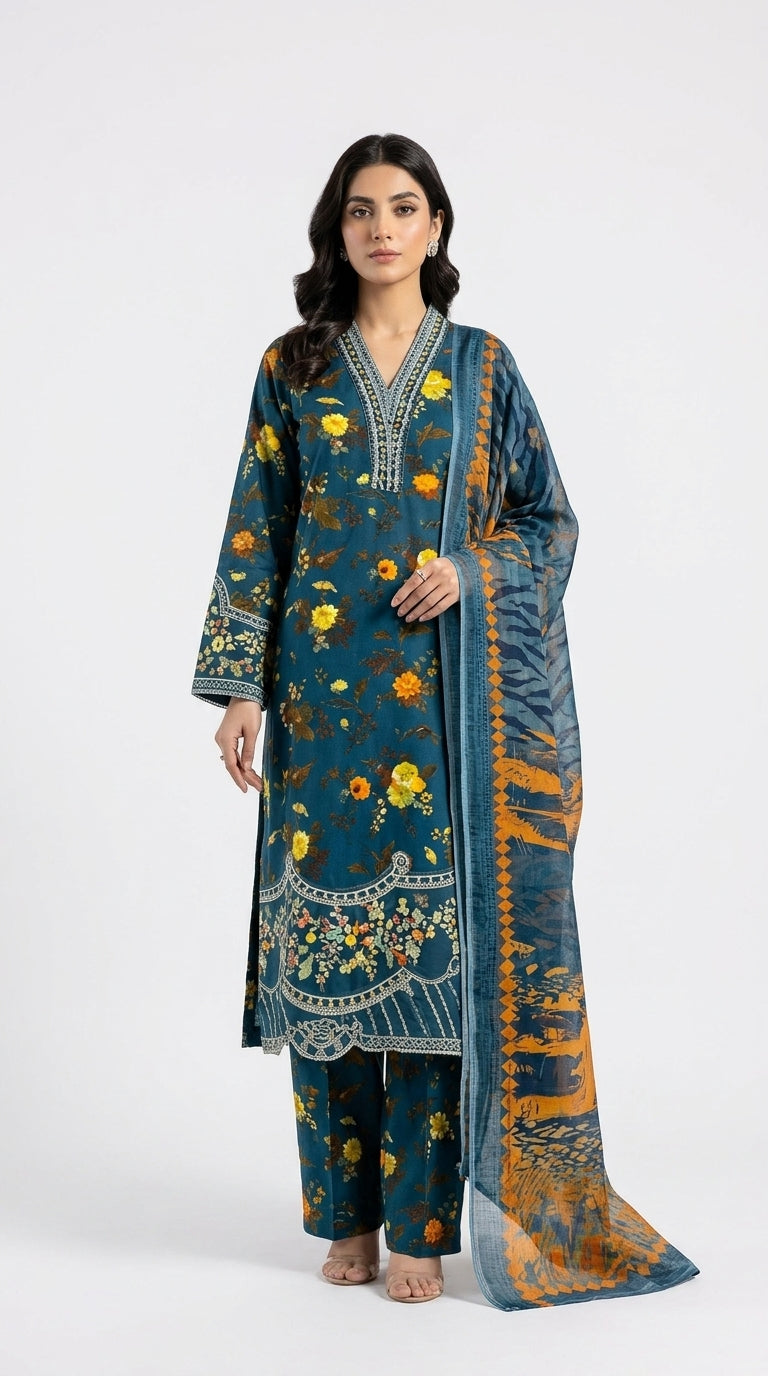 Peacock Blue Embroidered Printed Suit