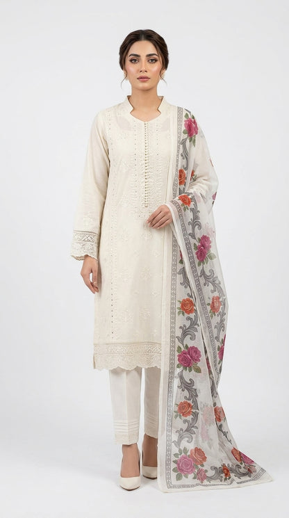 White Chikankari Embroidered Kurti with Floral Printed Dupatta  stich