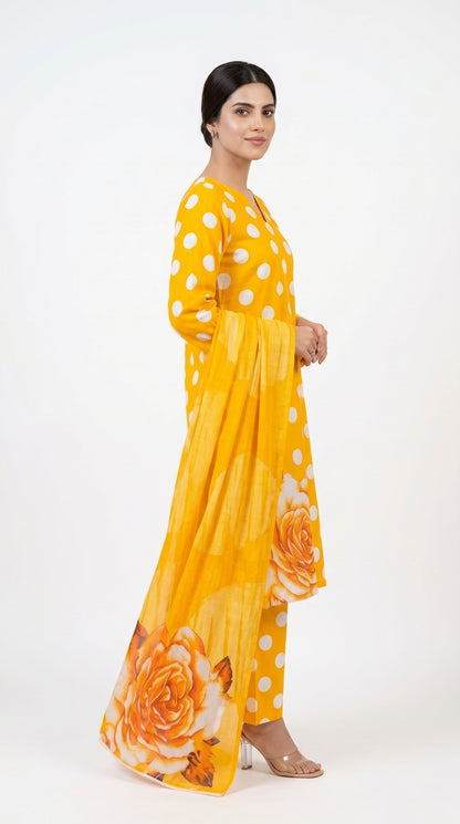 Orange Polka Dot Suit with Rose Printed Dupatta  unstitched