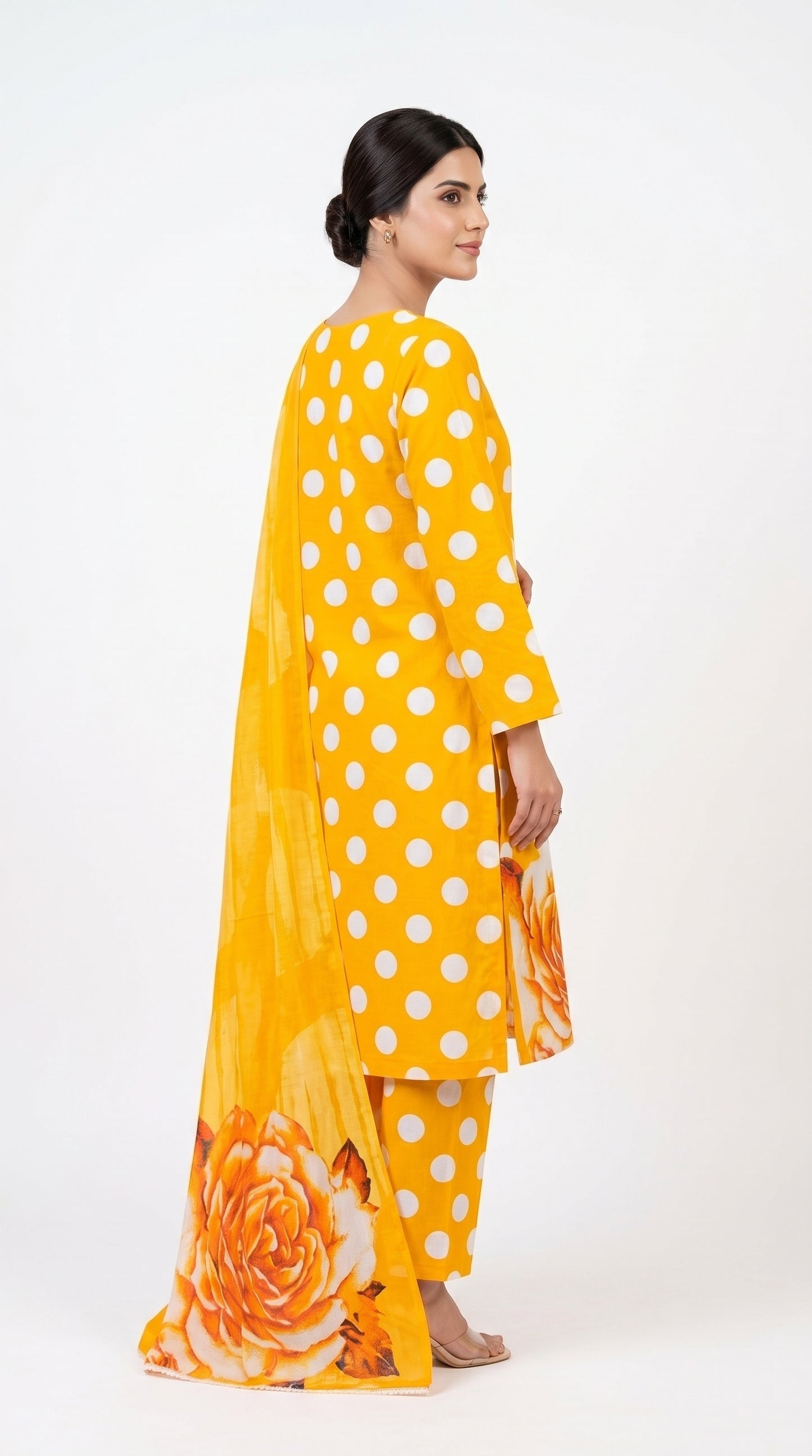 Orange Polka Dot Suit with Rose Printed Dupatta  unstitched