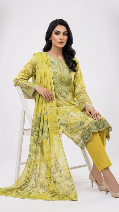 Yellow Floral Embroidered 3 piece suit unstiched