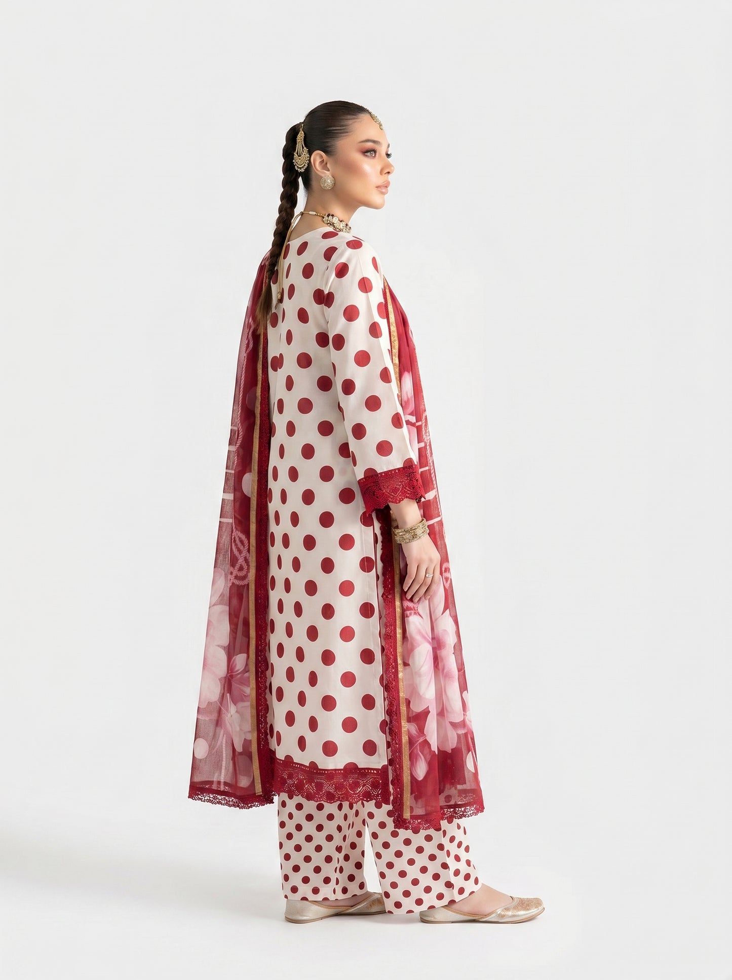 Crimson Dot Elegance — 3-Piece Unstitched Suit