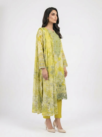 Yellow Floral Embroidered 3 piece suit unstiched