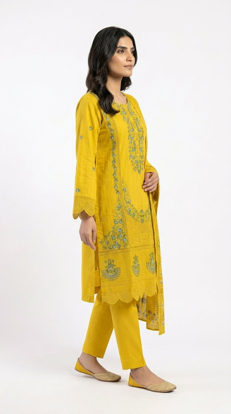 Yellow Schiffli Embroidered Lawn Suit stich