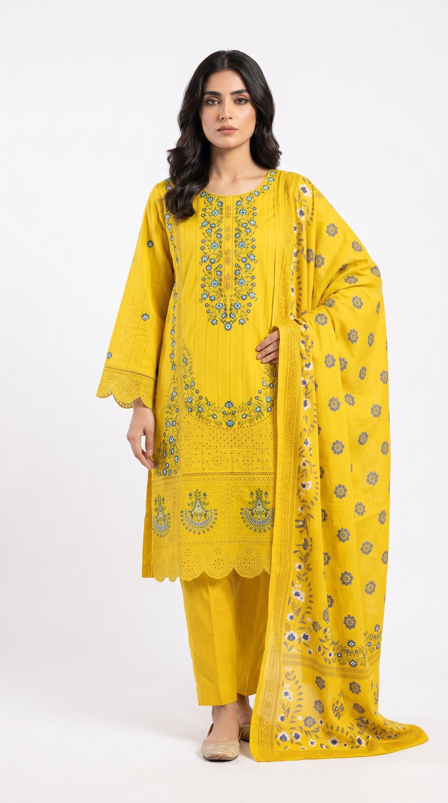 Yellow Schiffli Embroidered Lawn Suit stich