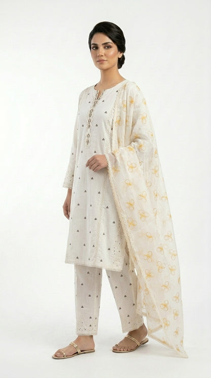 Off White Mirror Work Lawn Suit stich