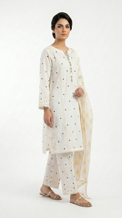Off White Mirror Work Lawn Suit stich