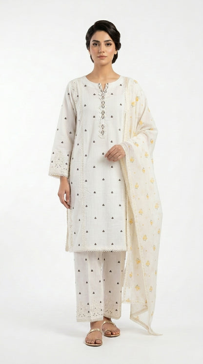 Off White Mirror Work Lawn Suit stich