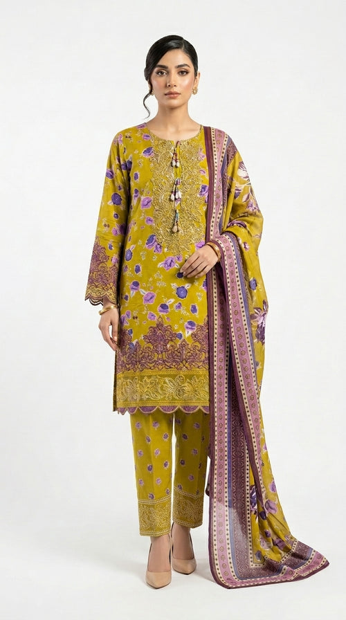 Chartreuse Green Purple Floral Printed Lawn Suit stich