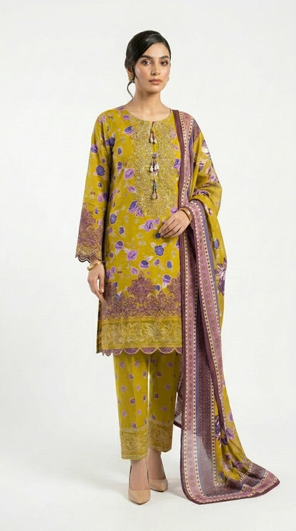 Chartreuse Green Purple Floral Printed Lawn Suit stich