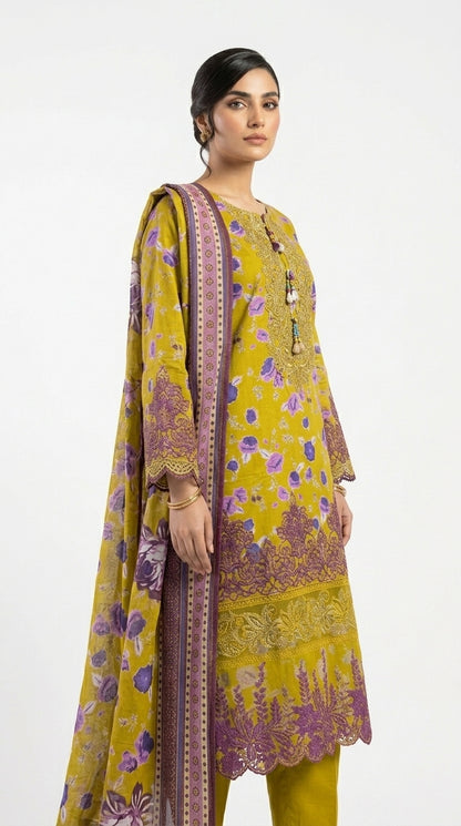 Chartreuse Green Purple Floral Printed Lawn Suit stich