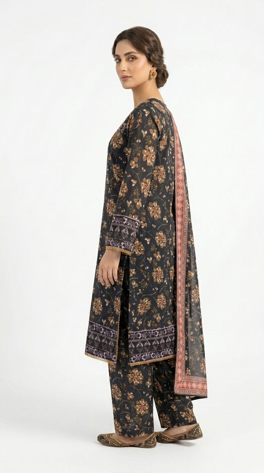 Black Gold Floral Printed Embroidered Lawn Suit stich