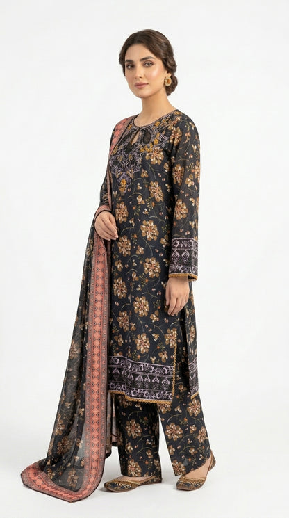 Black Gold Floral Printed Embroidered Lawn Suit stich