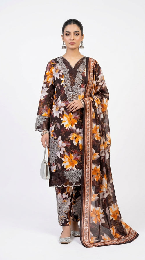 Dark Brown Tropical Floral Embroidered Lawn Suit stich