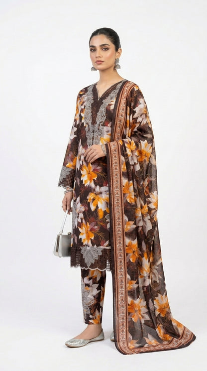 Dark Brown Tropical Floral Embroidered Lawn Suit stich
