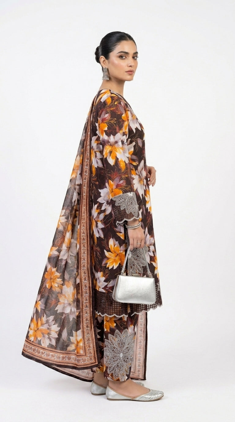 Dark Brown Tropical Floral Embroidered Lawn Suit stich