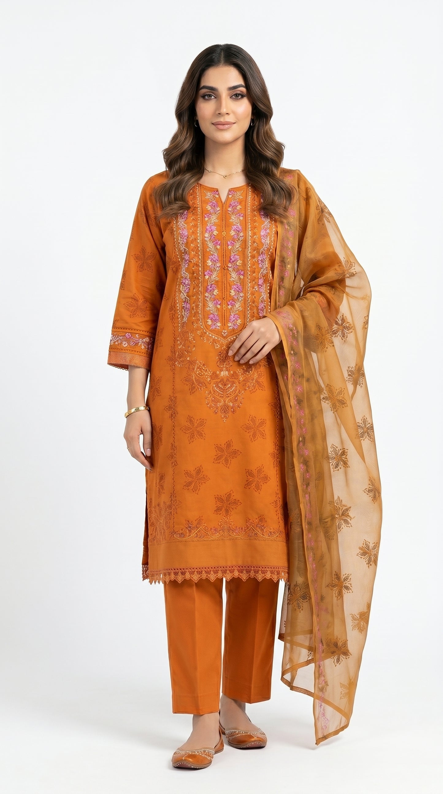 Burnt Orange Floral Embroidered Lawn Suit stich