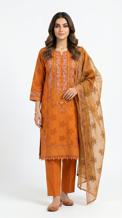 Burnt Orange Floral Embroidered Lawn Suit stich