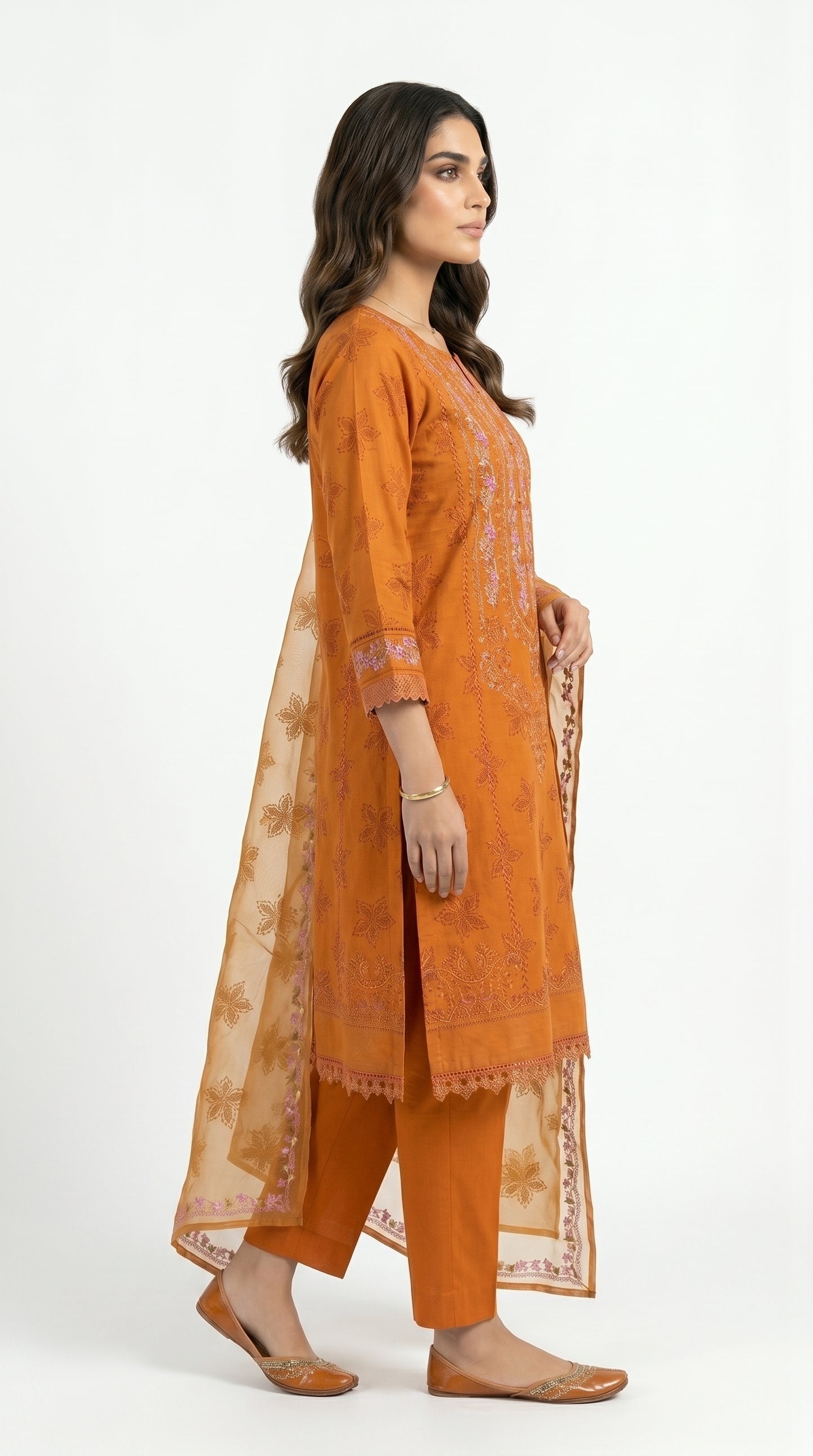 Burnt Orange Floral Embroidered Lawn Suit stich