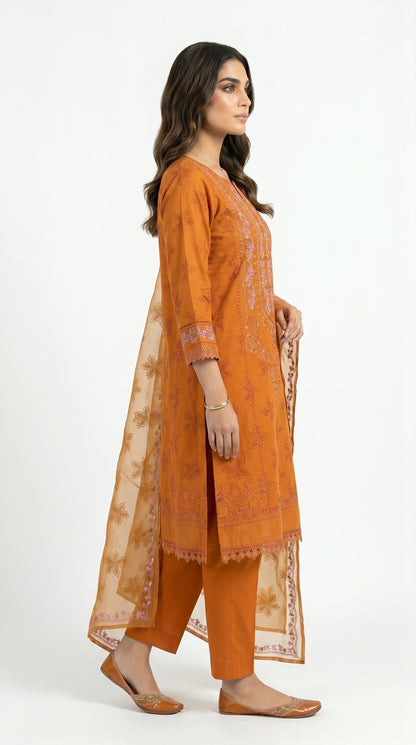 Burnt Orange Floral Embroidered Lawn Suit stich