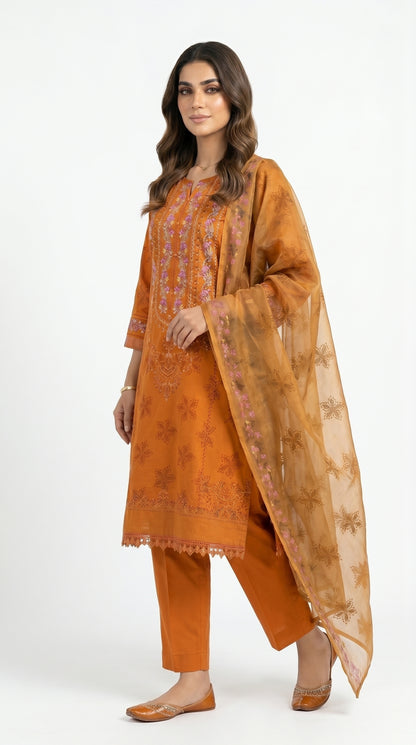 Burnt Orange Floral Embroidered Lawn Suit stich