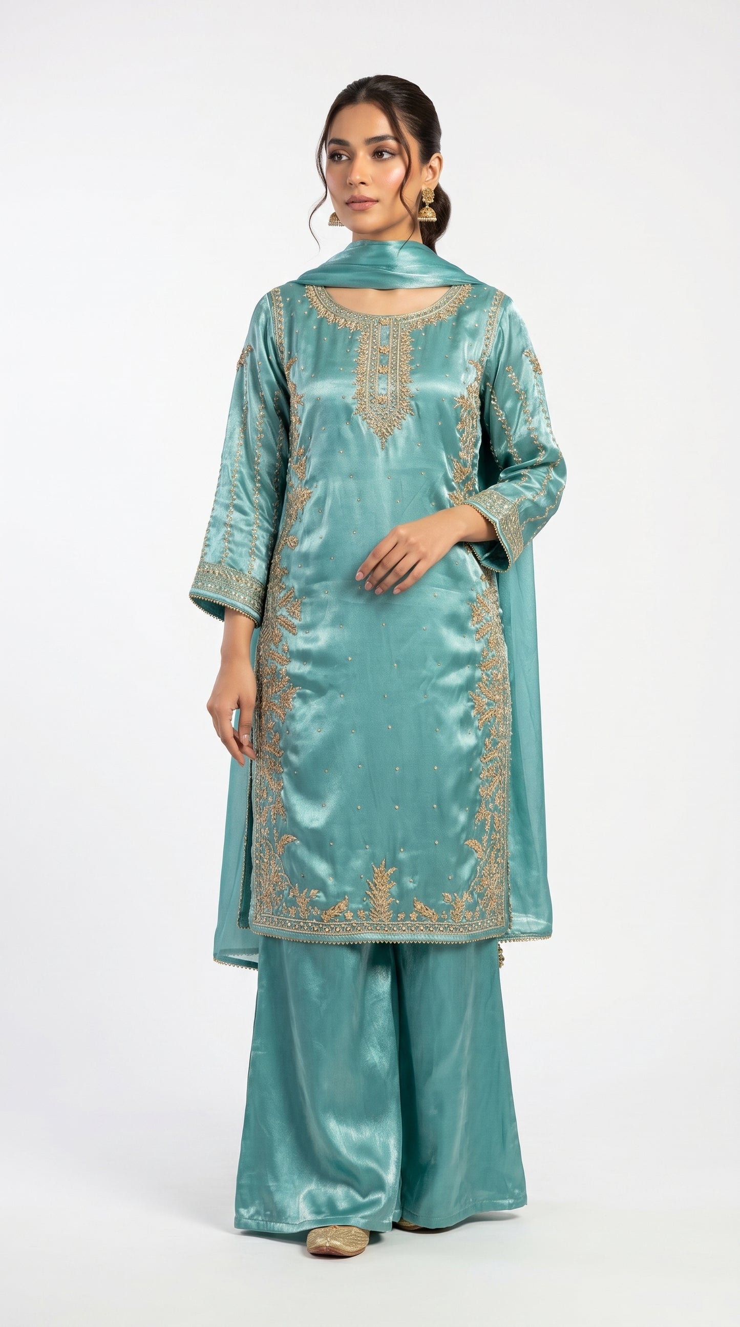 Teal Blue Zari Embroidered Silk Palazzo Suit stiched