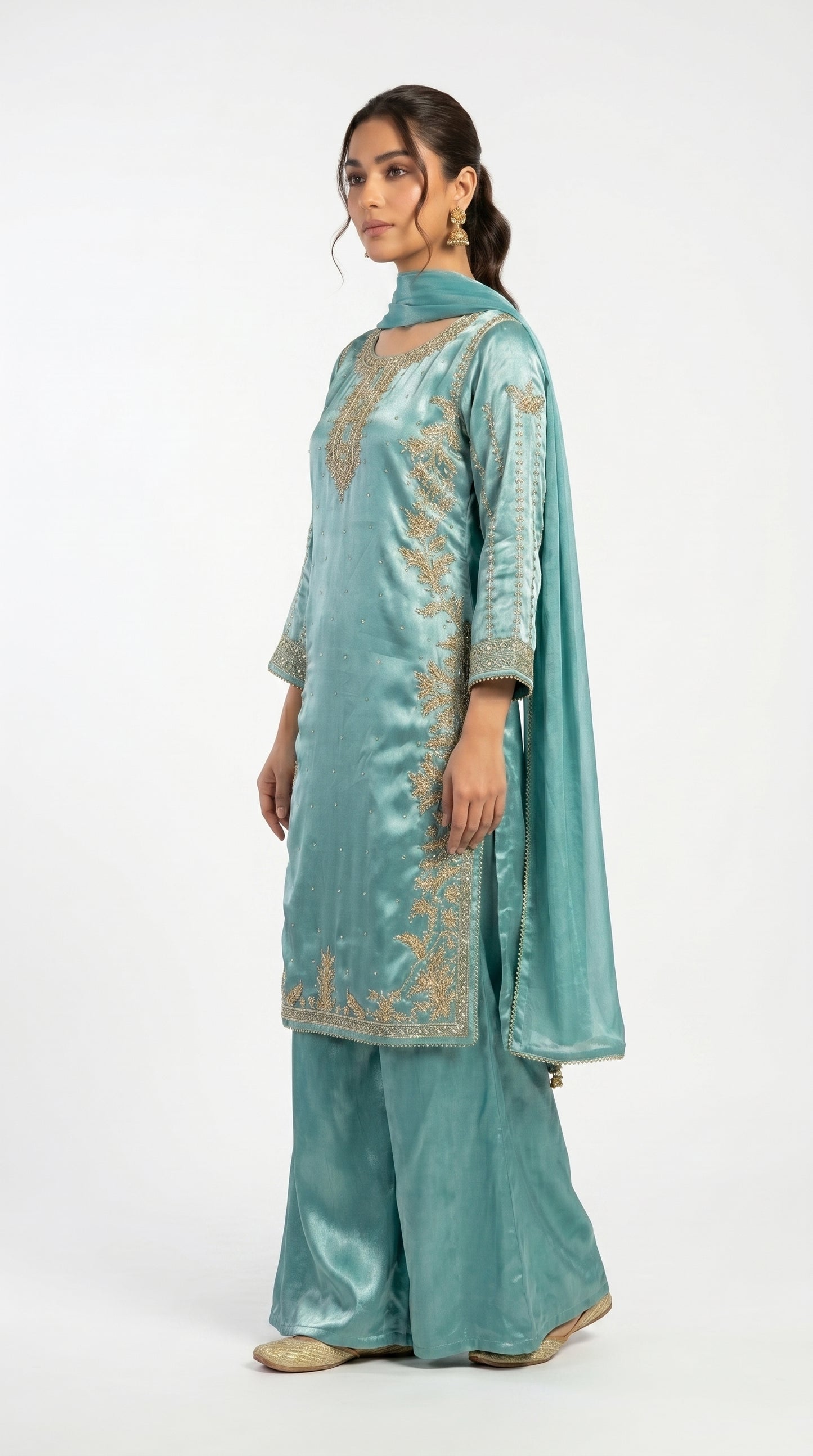 Teal Blue Zari Embroidered Silk Palazzo Suit stiched