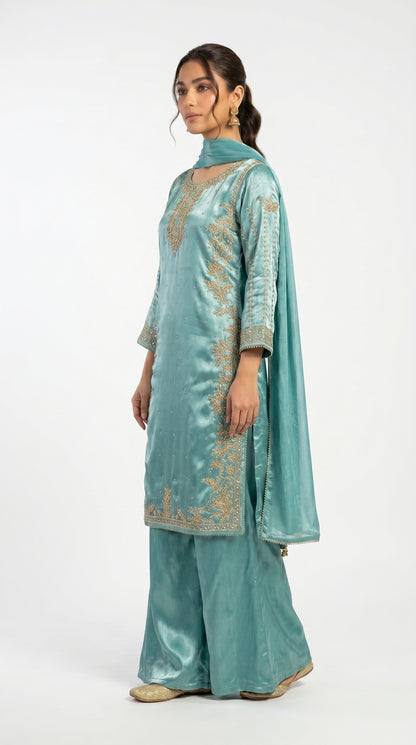 Teal Blue Zari Embroidered Silk Palazzo Suit stiched