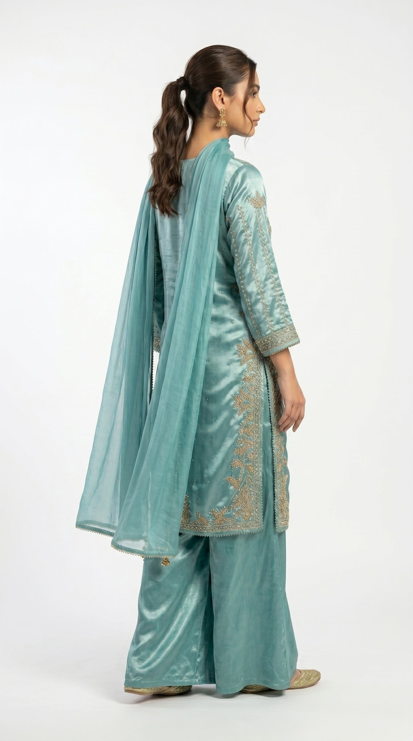 Teal Blue Zari Embroidered Silk Palazzo Suit stiched
